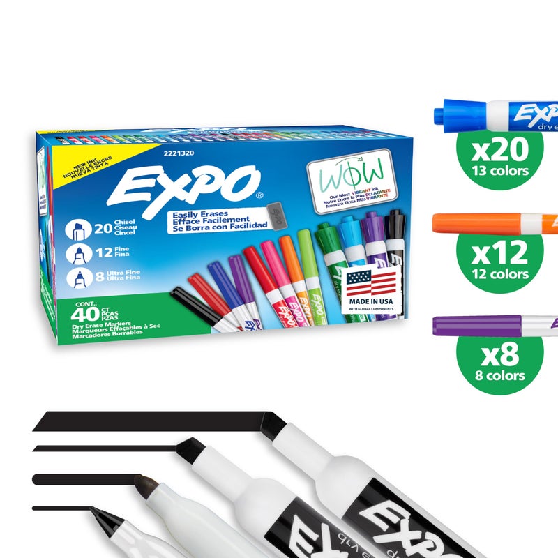EXPO Dry Erase Markers Ultimate Pack, Chisel, Fine, and Ultra Fine Tip Markers, Assorted Colors, 40 Count - Image 1